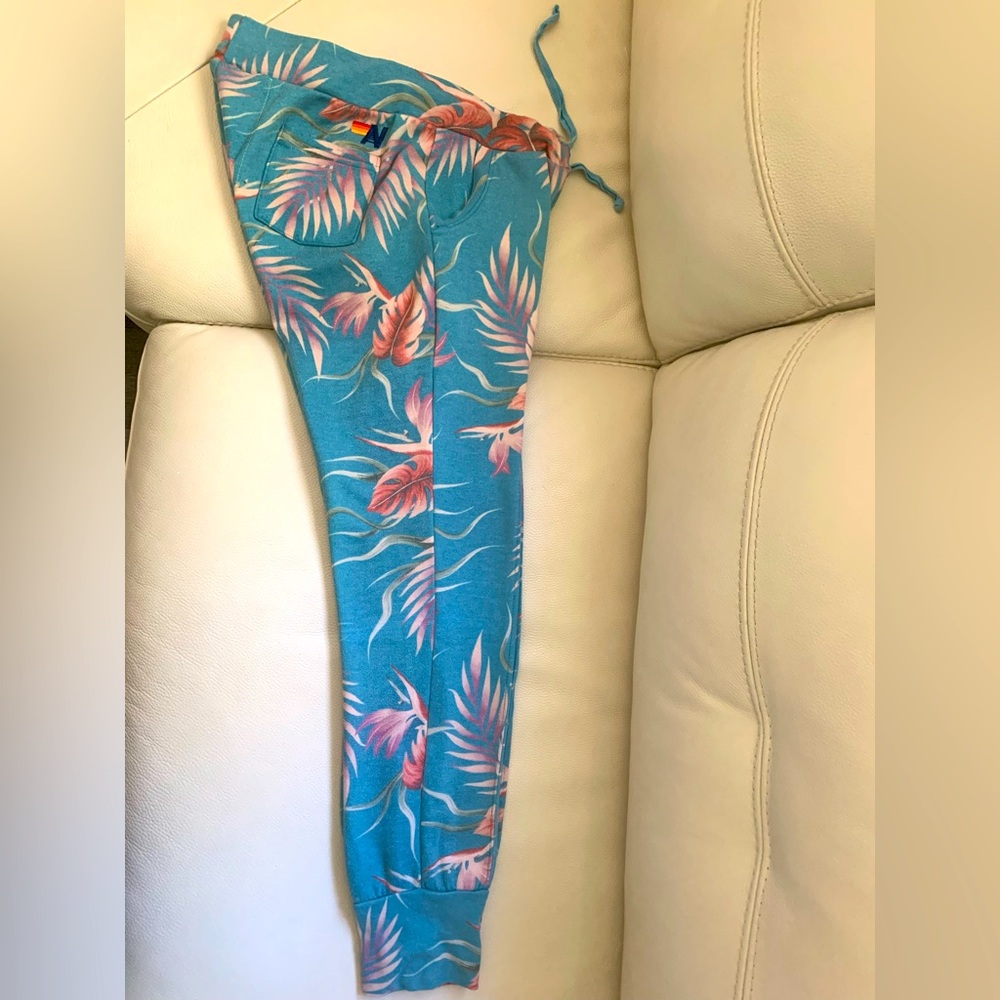 Aviator Nation Teal and Pink Leaf Print 
“Joggers”